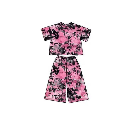 presale GSPO2179 Baby Girls Pink Black Tie-dye Camo Top Flare Pants Clothes Sets  D 1120
