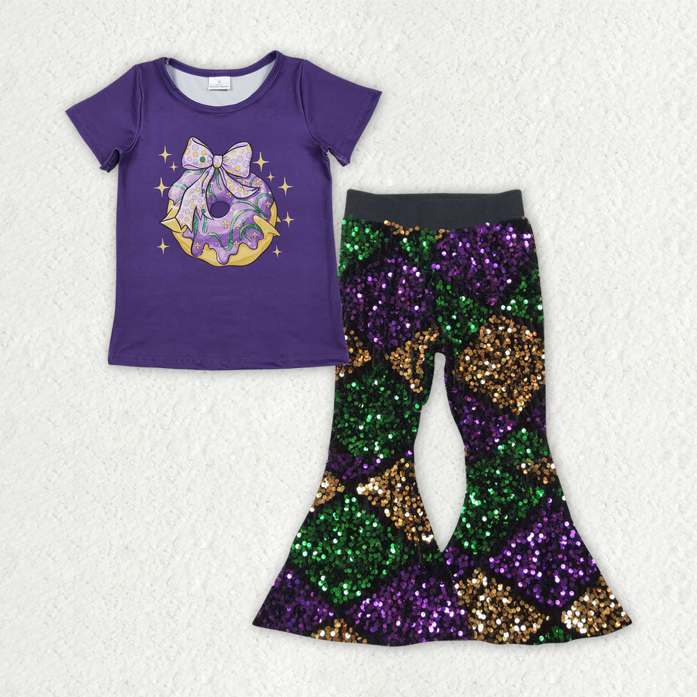 GSPO2181 Baby Girls Purple Bows Donuts Top Sequin Bell Bottom Pants Mardigras Clothes Sets  D 1112