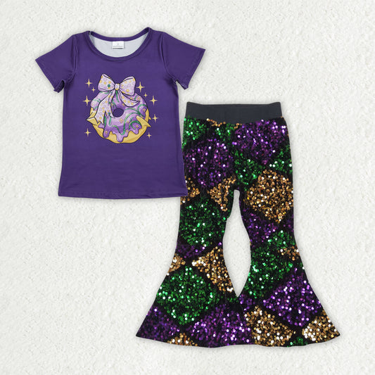 GSPO2181 Baby Girls Purple Bows Donuts Top Sequin Bell Bottom Pants Mardigras Clothes Sets  D 1112
