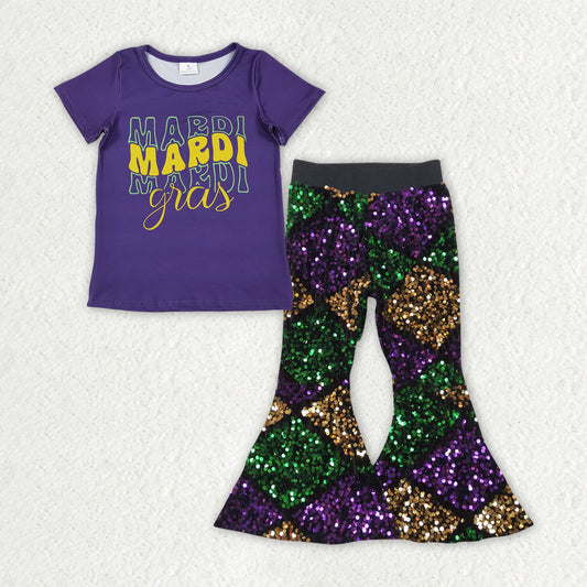 GSPO2182 Baby Girls Purple Shirts Top Sequin Bell Bottom Pants Mardigras Clothes Sets D 1112