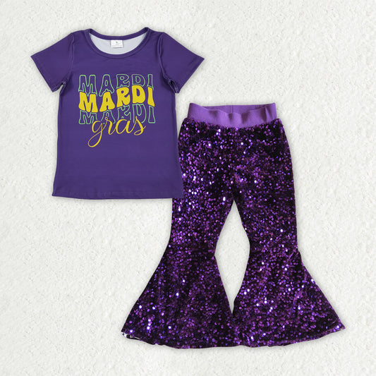 GSPO2183  Baby Girls Purple Shirts Top Sequin Bell Bottom Pants Mardigras Clothes Sets D 1113