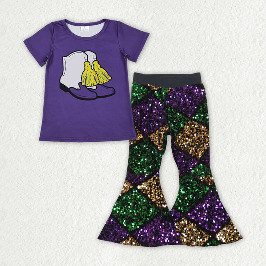 GSPO2184 Baby Girls Purple Boots Tassel Top Sequin Bell Bottom Pants Mardigras Clothes Sets D 1113