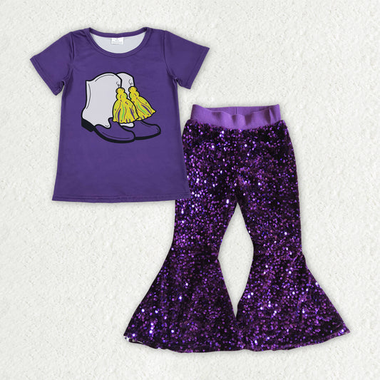 GSPO2185 Baby Girls Purple Boots Tassel Top Sequin Bell Bottom Pants Mardigras Clothes Sets D 1113