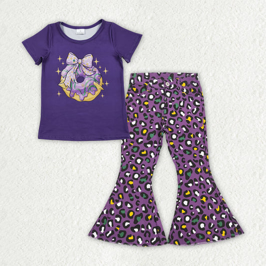 GSPO2186 Baby Girls Purple Bow Donuts Top Leopard Denim Bell Bottom Pants Mardigras Clothes Sets   D 1113