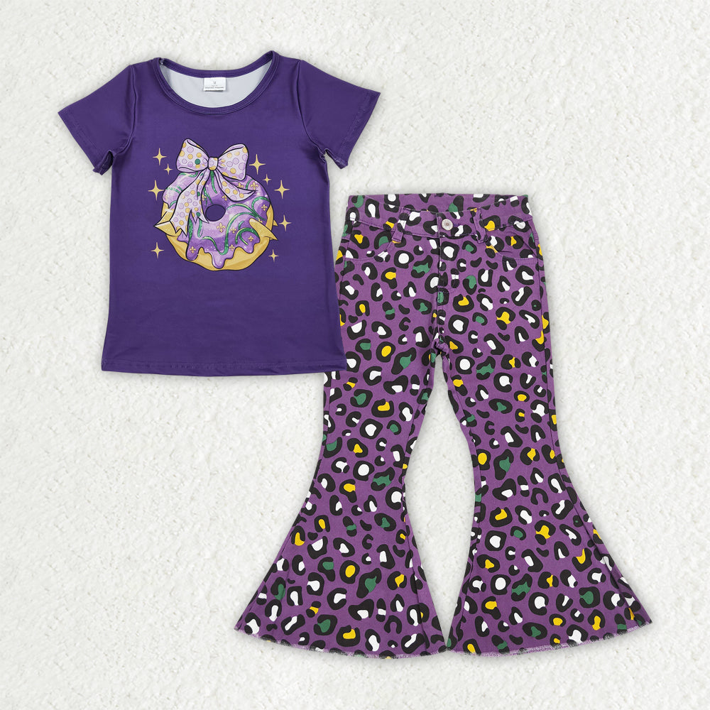 GSPO2186 Baby Girls Purple Bow Donuts Top Leopard Denim Bell Bottom Pants Mardigras Clothes Sets   D 1113
