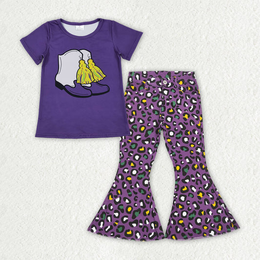 GSPO2188  Baby Girls Purple Boot Tassel Top Leopard Denim Bell Bottom Pants Mardigras Clothes Sets  D 1113
