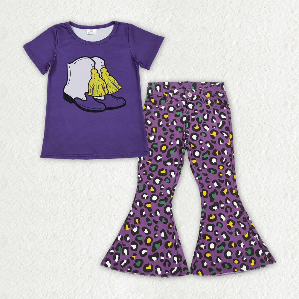 GSPO2188  Baby Girls Purple Boot Tassel Top Leopard Denim Bell Bottom Pants Mardigras Clothes Sets  D 1113