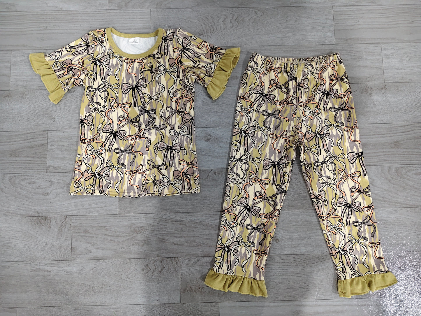 Pre order short sleeve ruffle camo bow coquette pj set