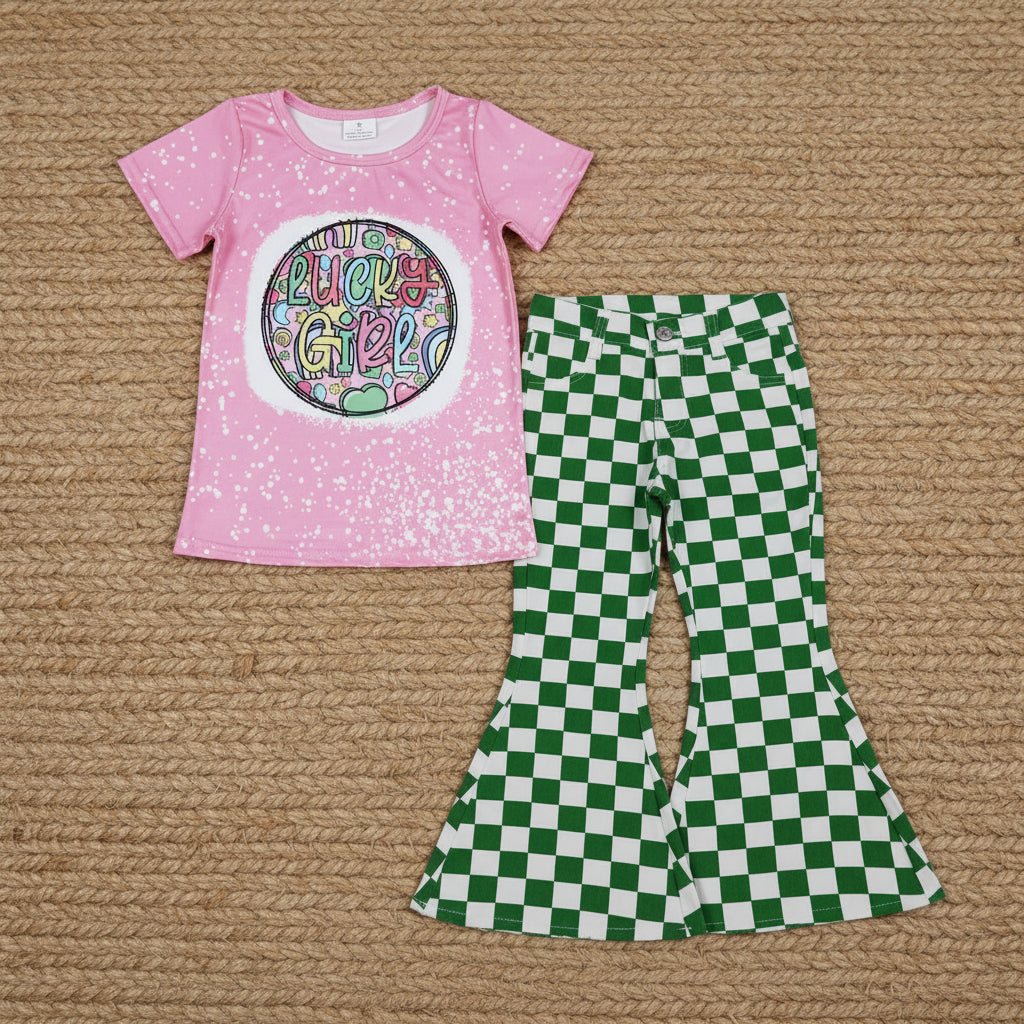 lucky girl checkered denim pants set