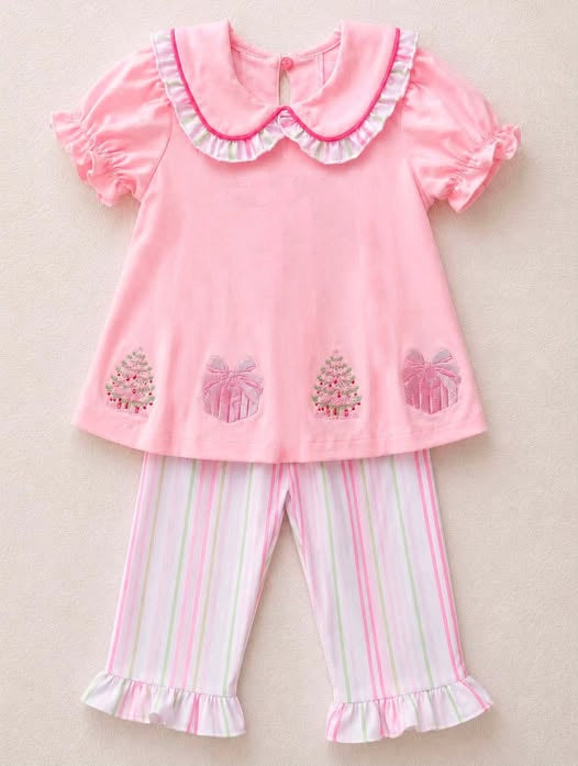 Pre order Christmas gift and tree baby girl outfit
