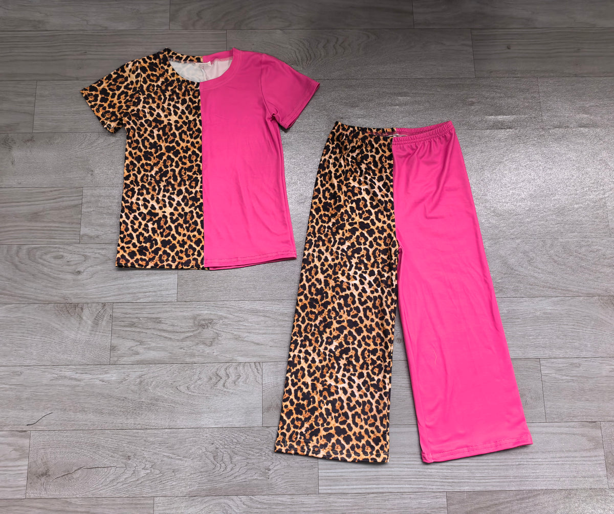 Pre order casual girl leopard pink colorblock tee wide leg pants set