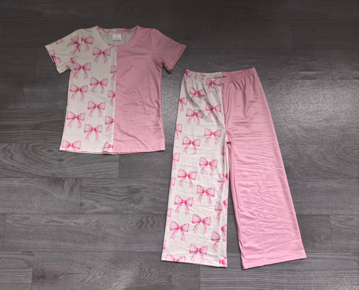 Pre order bow print pink tee wide leg pants set girls clothing