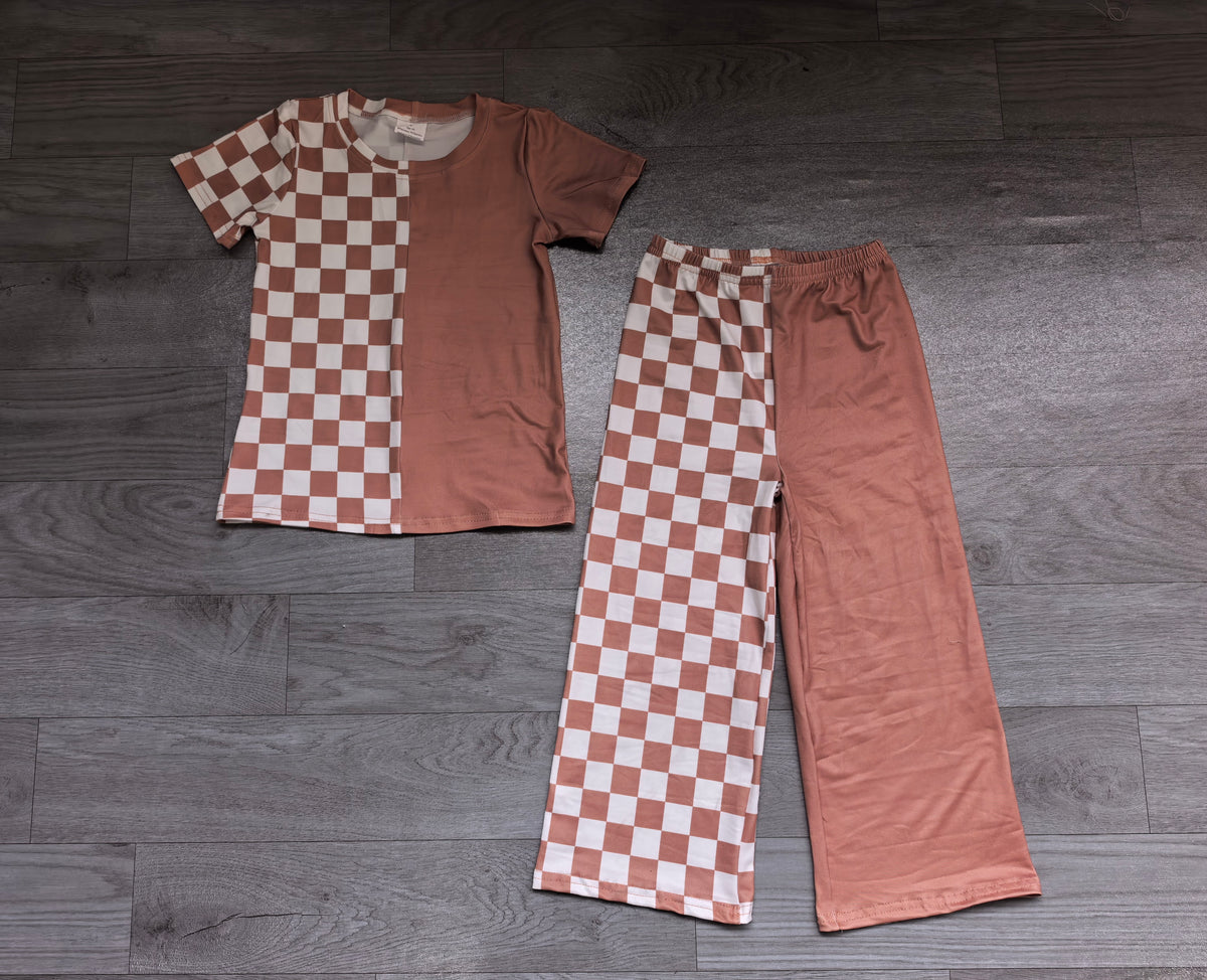 Pre order brown check wide leg pants set girls clothing