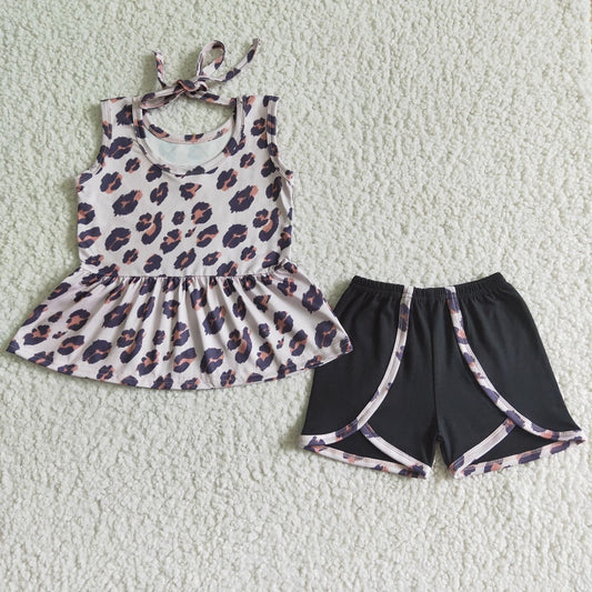 GSSO0052 Girls Sleeveless Leopard Print Black Shorts Suit