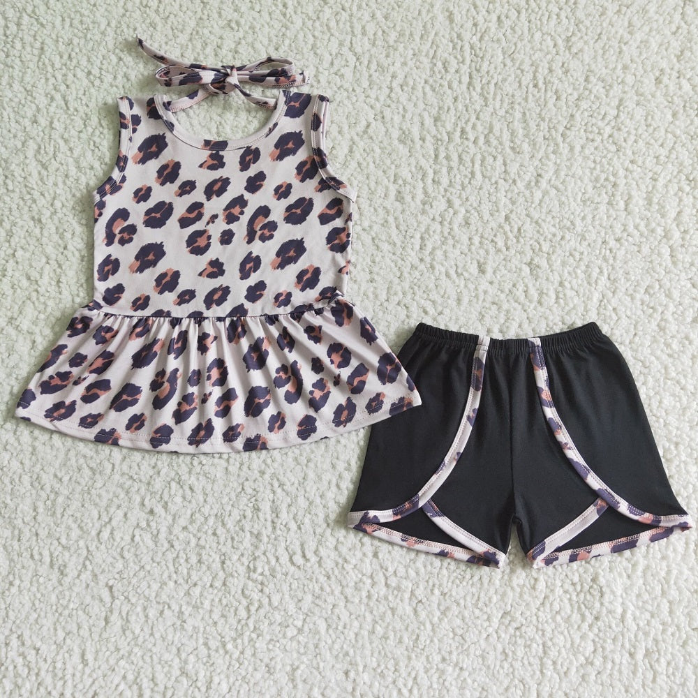 GSSO0052 Girls Sleeveless Leopard Print Black Shorts Suit