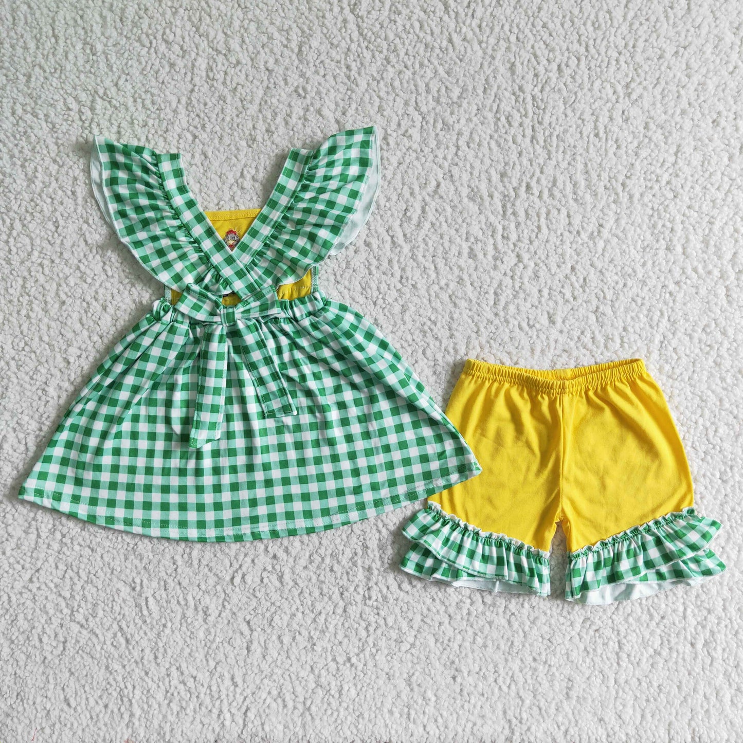 GSSO0056 Baby Girls Green Plaid Embroidery Car Chick Flying Sleeves Yellow Suit