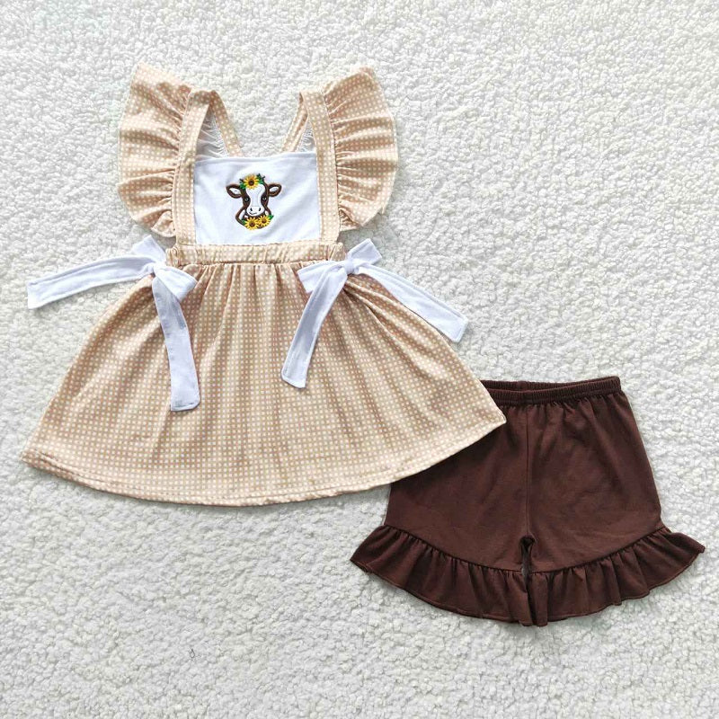 GSSO0233 Baby Girls Embroidered Cow Sunflower Tank Top Shorts Set