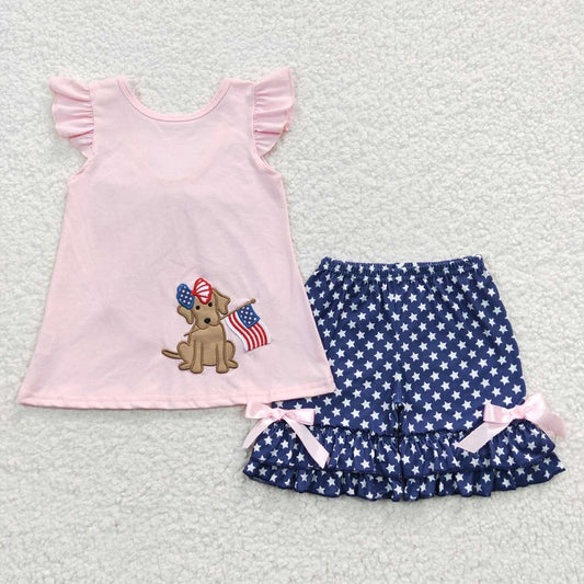 GSSO0236 Baby Girls National Day Embroidered Puppy Pink Flying Sleeve Shorts Set