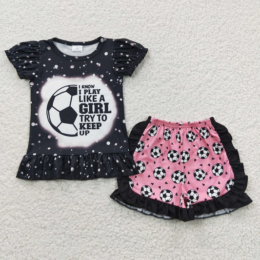 GSSO0267 Football Black Short Sleeve Pink Shorts Set