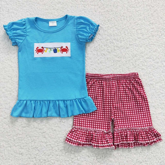 GSSO0274 Baby Girls Embroidered Crab Blue Short Sleeve Red Plaid Shorts Set
