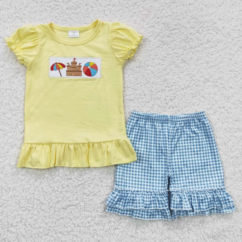 GSSO0276 Girls Embroidered Beach Castle Yellow Short Sleeve Blue Plaid Shorts Set