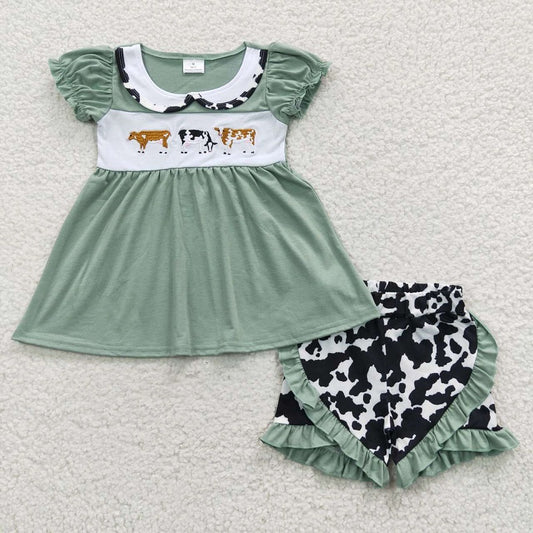 GSSO0305 Girls Embroidered Cow Green Short Sleeve Cow Pattern Shorts Set