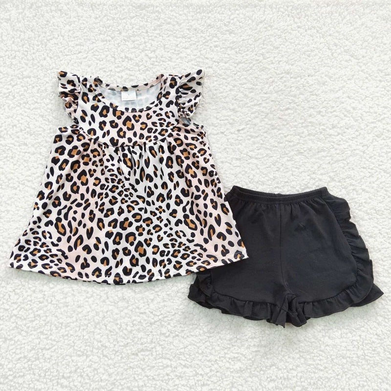 GSSO0312 Leopard Print Flying Sleeve Black Shorts Set