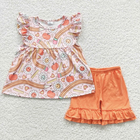 GSSO0320 Back to School Pencil Sunflower Fly Sleeves Pink Wood Ear Trim Shorts Set