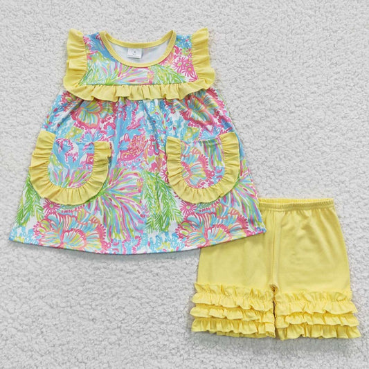 GSSO0337 Floral Yellow Lace Pocket Sleeveless Shorts Set