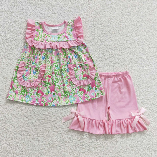 GSSO0338 Floral Pink Lace Pocket Sleeveless Shorts Set