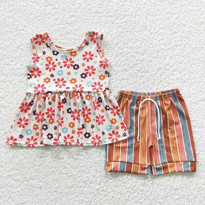 GSSO0339 Floral Beige Sleeveless Top Colorful Striped Shorts Set