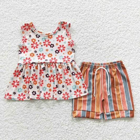 GSSO0339 Floral Beige Sleeveless Top Colorful Striped Shorts Set