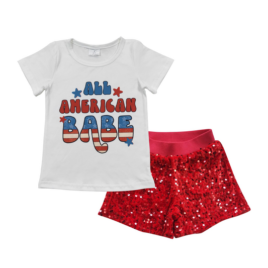 GSSO0350 Baby Girls 4th Of July American Babe Red Sequin Shorts Clothes Sets