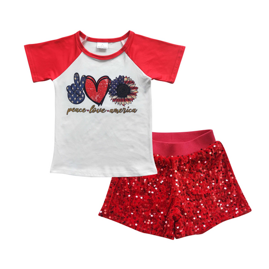 GSSO0351 Baby Girls 4th Of July Flowers Red Sequin Shorts Clothes Sets