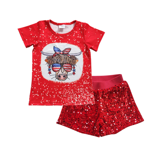 GSSO0352 Baby Girls 4th Of July Cow Red Sequin Shorts Clothes Sets