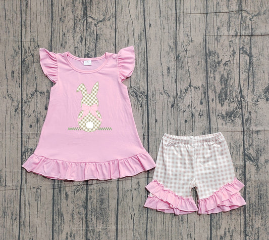 Pre-order Embroidery Rabbits Baby Girls Pink Shirts Checked Ruffle Shorts Easter Clothes Sets