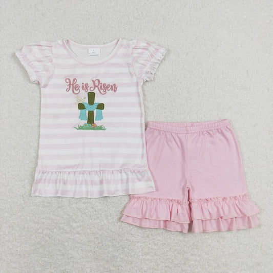 GSSO0382 Embroidered cross pink and white striped short-sleeved shorts suit
