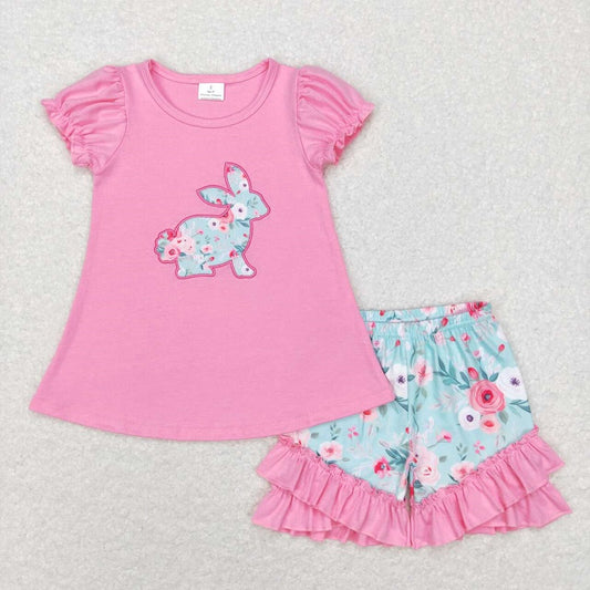 GSSO0386 Embroidered Flower Rabbit Pink Short Sleeve Lace Shorts Set