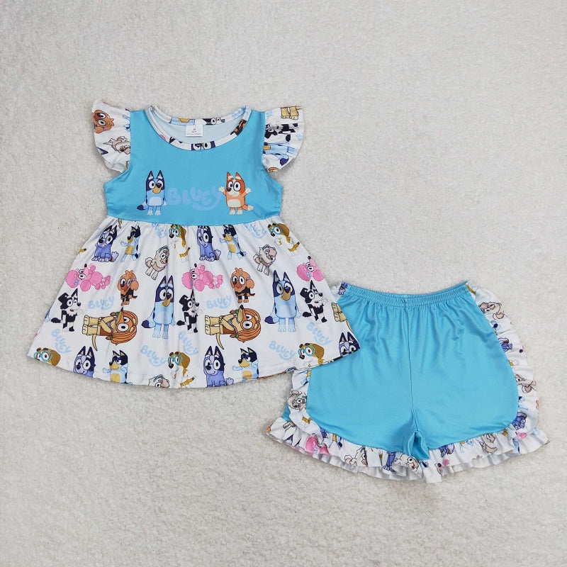 GSSO0387 Cartoon blue and white short sleeve shorts suit