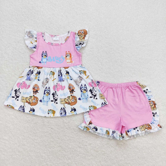 GSSO0388 Cartoon pink and white short-sleeved shorts suit