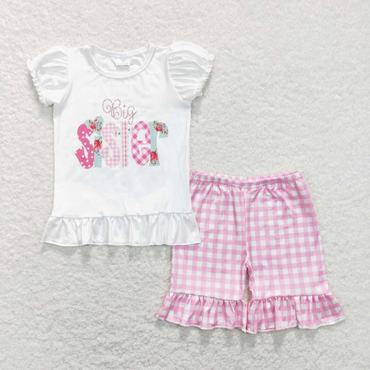 GSSO0395 Lettered white lace short-sleeved pink plaid shorts suit