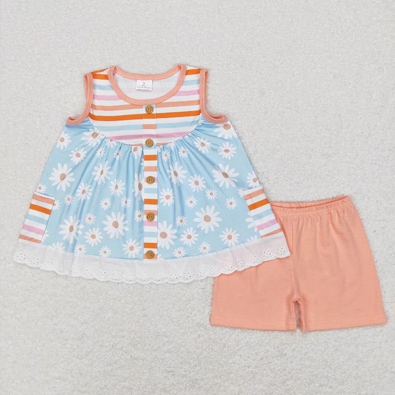 GSSO0403 Daisy Colorful Striped Lace Pocket Sleeveless Orange Shorts Set