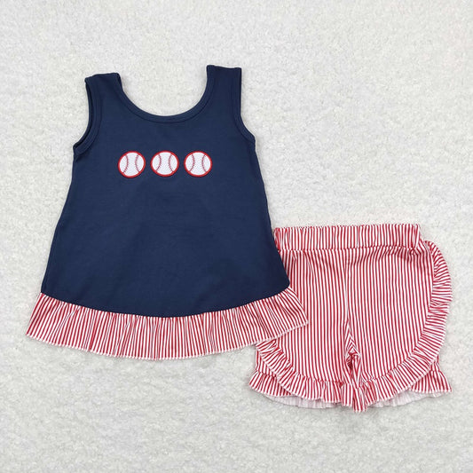 GSSO0405 Embroidered baseball navy blue sleeveless red and white striped shorts set D 4.12