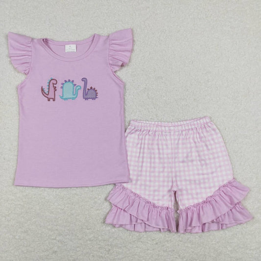 GSSO0411 Embroidered dinosaur purple short-sleeved pink and white plaid shorts suit D 5.8