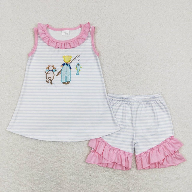 GSSO0412 Embroidery Fishing Girl Puppy Blue and White Striped Sleeveless Lace Shorts Set