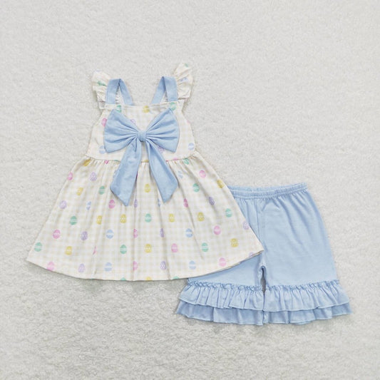 GSSO0420 Easter egg blue bow yellow and white plaid short-sleeved shorts suit