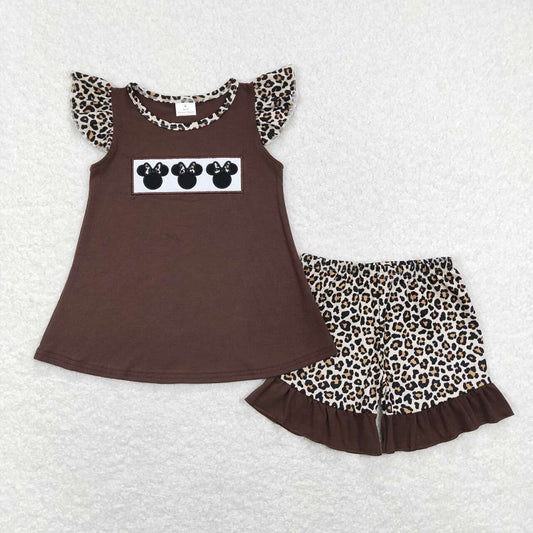 GSSO0424 Embroidered cartoon bow Minnie brown flying sleeves leopard print shorts suit