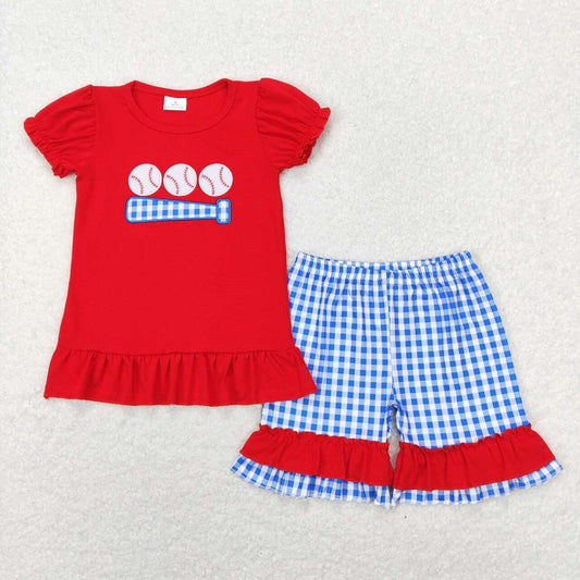 GSSO0428 Embroidered baseball red lace short-sleeved blue plaid shorts suit