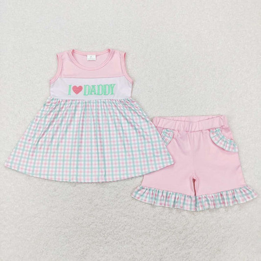 GSSO0441 Embroidered Letters Pink Blue Plaid Lace Sleeveless Shorts Set