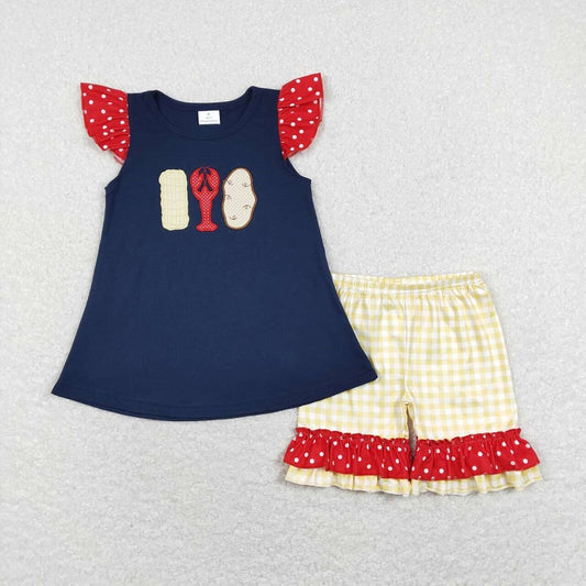 GSSO0452 Embroidered corn lobster, blue lace short -sleeved yellow white plaid shorts suit